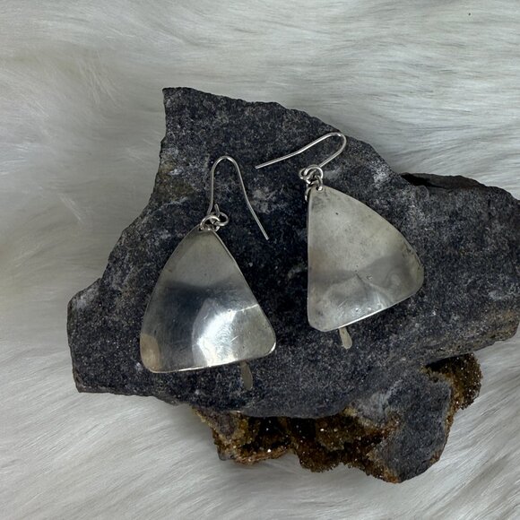 Vintage Triangle & Bead Dangle Sterling Silver Pierced Earrings 1.75" - Picture 5 of 6